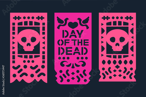 Dia de los muertos mean Day of the Dead celebration. Traditional Mexican paper cutting flags