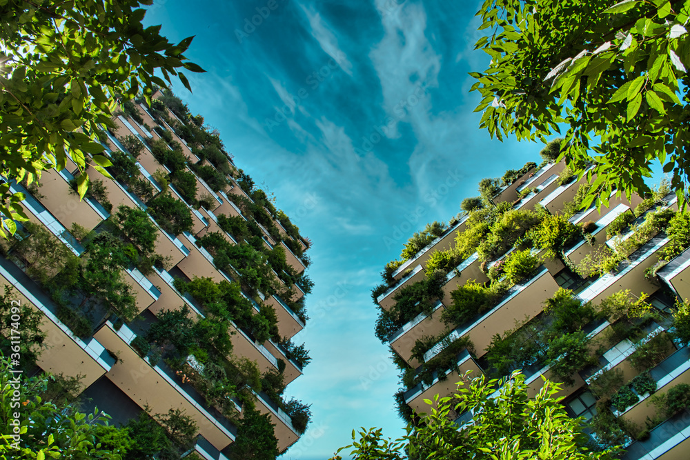 Vertical Forest (Bosco Verticale) Innovative Green House Skyscraper representing commitment to sustainable economy designed by Boeri Studio - obrazy, fototapety, plakaty 