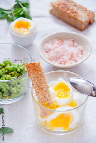 Soft Boiled Eggs with Toast and peas