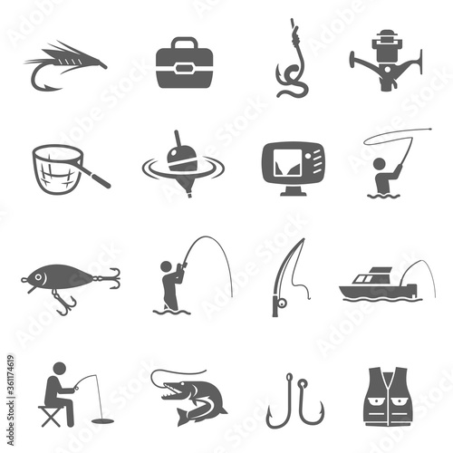 Fishing icon set, catching fish sport and hobby