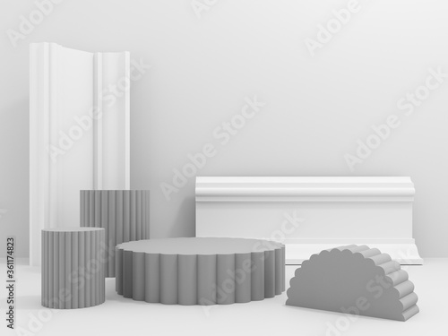 Exhibition stand  podium in the form of classic Greek pillars. 3D render illustration for advertising goods  products  museum expansions. Simple light background with classic cornice on the wall.