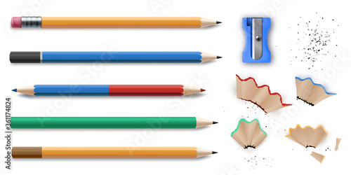 Sharpened colorful pencils stationery set and sharpener