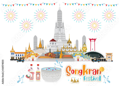 Thai New Year. songkran water festival thailand. Thai scented water (Nam Ob Thai) and Traditional Thai Silver Bowl. Vector illustration