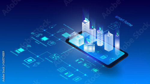 Vector illustration of a mobile phone with buildings and elements of a smart city. Science, futuristic, web, network concept, communications, high technology. EPS 10