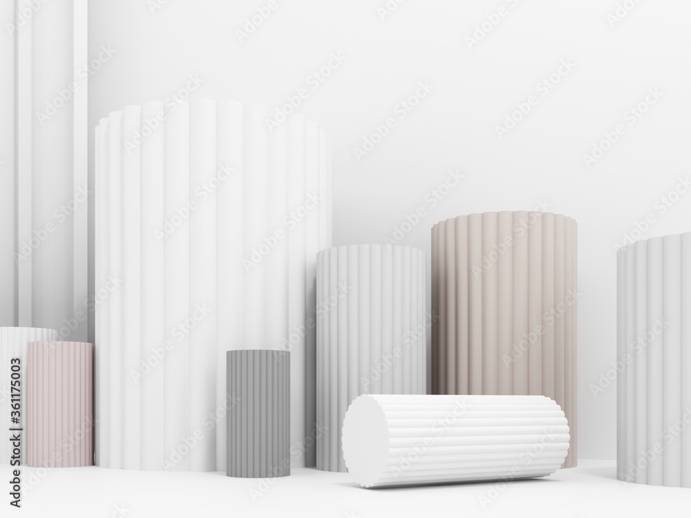 Exhibition stand, podium in the form of classic Greek pillars. 3D render illustration for advertising goods, products, museum expansions. Simple light background with classic cornice on the wall. Exhibition stand, podium in the form of classic Greek pillars. 3D render illustration for advertising goods, products, museum expansions. Simple light background with classic cornice on the wall.