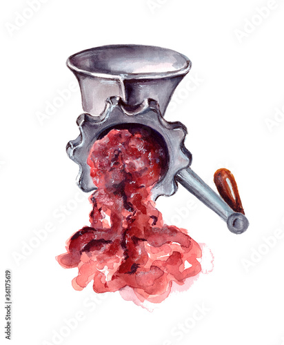 watercolor illustration of kitchen accessories.minced meat in a meat grinder. Antique kitchen equipment. isolated on a white background.