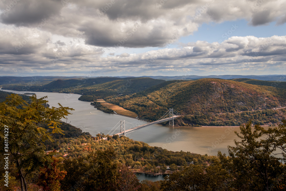 Bear Mountain State Park and Bridge over Hudson River early fall foliage