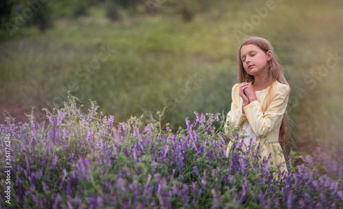Beautiful girl at sunset in a field with purple flowers. Lavender. The child walks and travels. Rest and games. Long haired girl