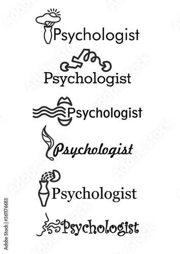 Logo. For a family, child, or online psychologist. Various spellings. Psychological help. Set of black silhouette icons symbols for psychology counseling, psychotherapy.Flat design. Vector