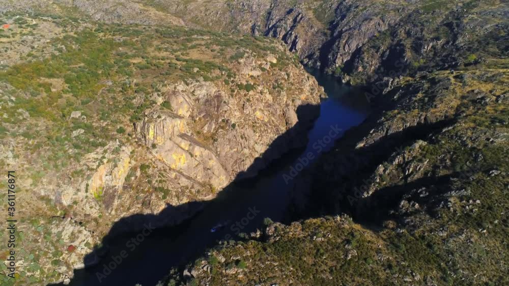 Aerial view of boat in river between the border of Spain and Portugal. Drone Footage Aerial view of boat in river between the border of Spain and Portugal. Drone Footage