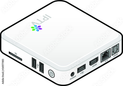 A small white IPTV set top box or integrated receiver decoder showing ports and connections.