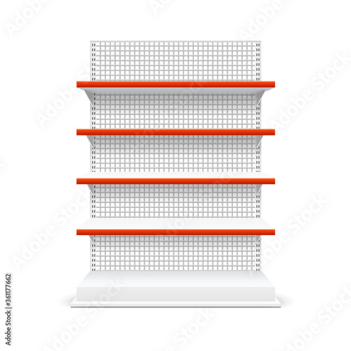 Realistic Detailed 3d White Blank Store Shelves Market Rack Template Mockup. Vector