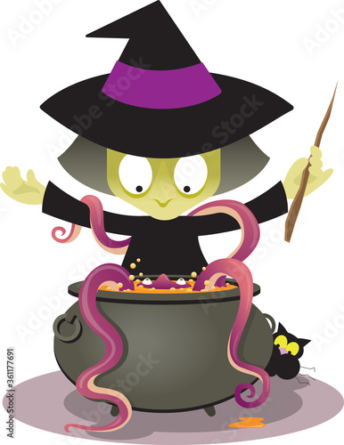 Wicked witch conjures up a tentacled monster in her cauldron