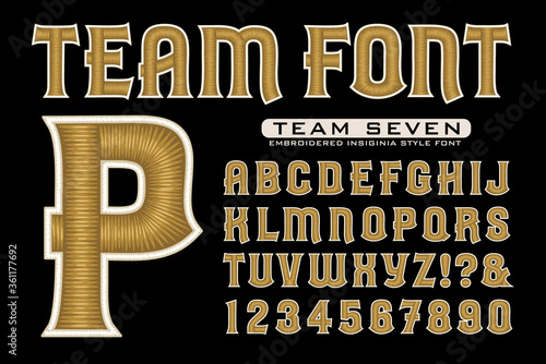 A Sport Team or College Logo Alphabet with Embroidery Effects in Gold Thread