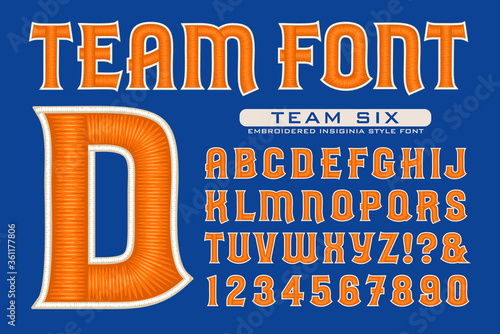 An Orange and White Collegiate or Sports Team Alphabet with Realistic Vector Effects of Embroidered Threads