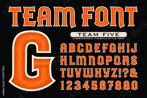 An Orange and White Alphabet in the Style of Embroidered Insignias for Collegiate Logos and Sports Jerseys; This Vector Lettering is Highlighted with Satiny 3d Thread Effects