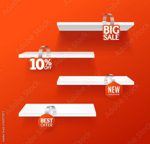 Realistic Detailed 3d White Blank Store Shelves with Sale Labels. Vector