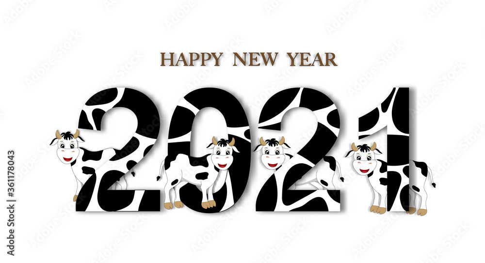 HAPPY NEW YEAR and 2021 font with cow skin pattern on white background ...