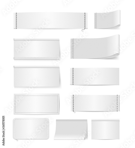Realistic Detailed 3d White Textile Labels Template Set. Vector