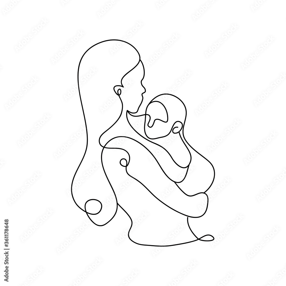 Mother holding baby tenderly, one continuous line art happy family isolated black and white vector