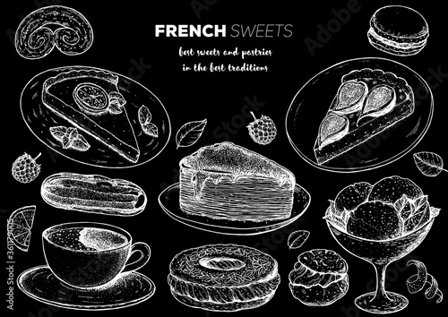 French desserts set with lemon pie, eclair, paris brest, faux crepe cake, fig pie, macaron, palmier. French cuisine top view frame. Food menu design template. Hand drawn sketch vector illustration.