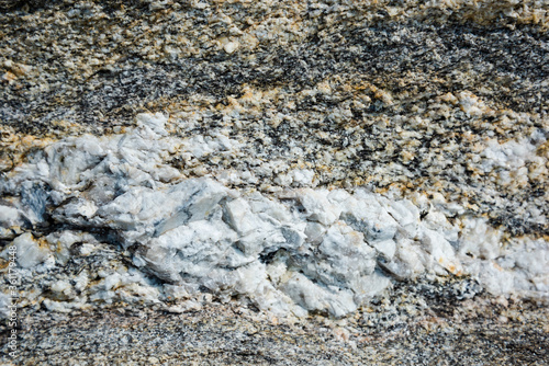 granite texture with veins of white mica. chips on the stones