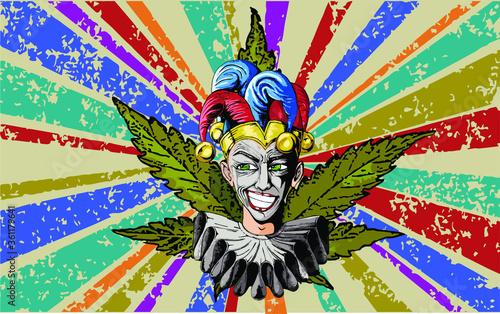 Laughing joker with crazy face over cannabis leaf and colorful vintage, grunge background