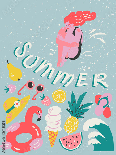 Vector illustration with beach stuff, summer fruits and berries, women and lettering "summer"