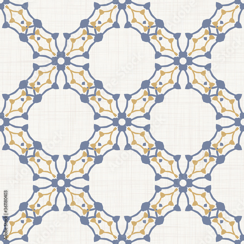 Seamless daisy floral pattern in french blue linen shabby chic style. Hand drawn country bloom texture. Rustic woven background. Simple flower motif allover print