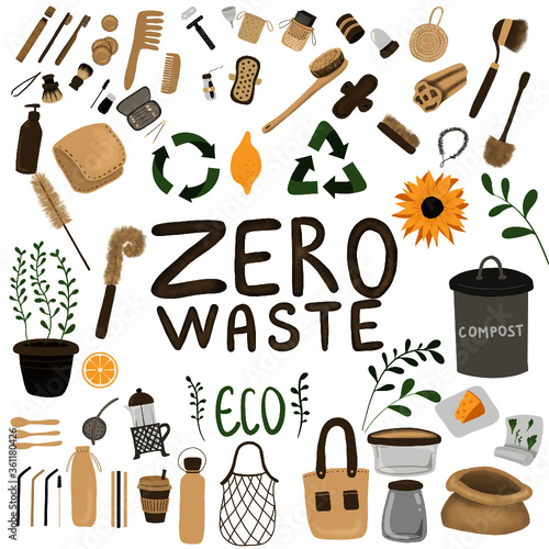 Zero waste kit with ecologically friendly products and recycling goods 