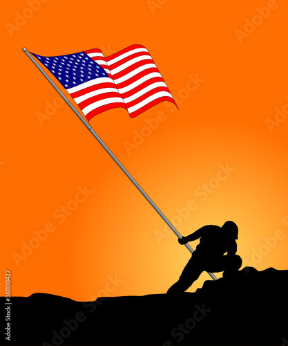 silhouette of a soldier with the American flag