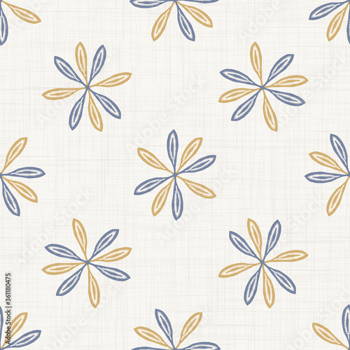 Seamless daisy floral pattern in french blue linen shabby chic style. Hand drawn country bloom texture. Rustic woven background. Simple flower motif allover print