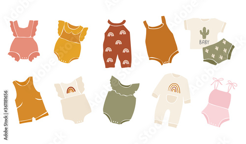 Vector hand drawn collection for nursery decoration and baby shower. Baby clothes, rainbows, toys, animals, branches, fruit
