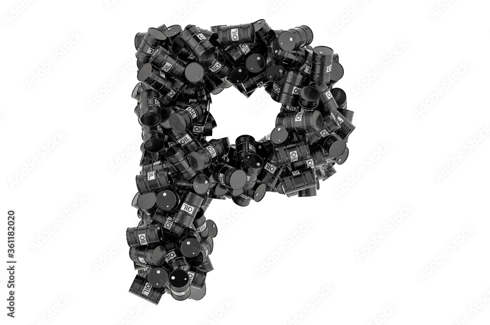 Letter P from black oil barrels, 3D rendering Letter P from black oil barrels, 3D rendering