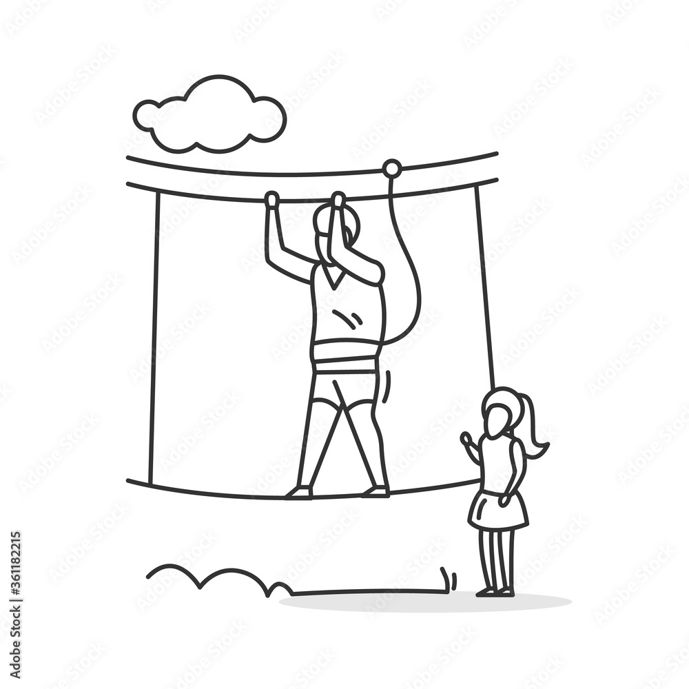 Rope walk icon. Father and small girl in rope park. Summer vacation family outdoor activity and safe children amusement and entertainment concept linear pictogram. Editable stroke vector illustration Rope walk icon. Father and small girl in rope park. Summer vacation family outdoor activity and safe children amusement and entertainment concept linear pictogram. Editable stroke vector illustration