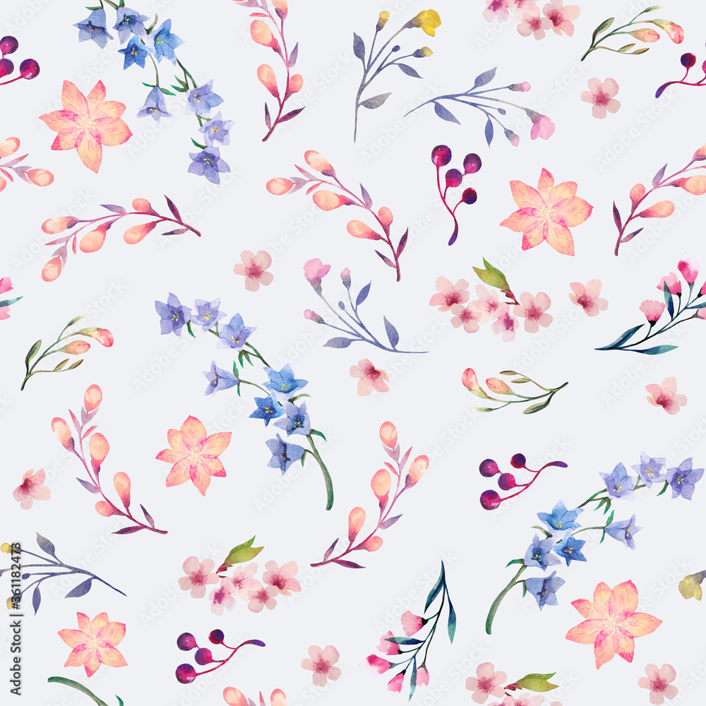 Seamless watercolor flower pattern. Delicate botanical design. Light blue background