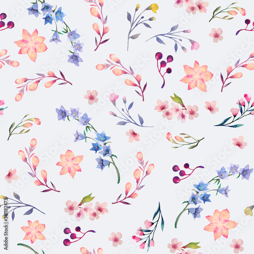 Seamless watercolor flower pattern. Delicate botanical design. Light blue background