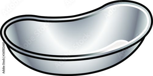 A stainless steel kidney dish.