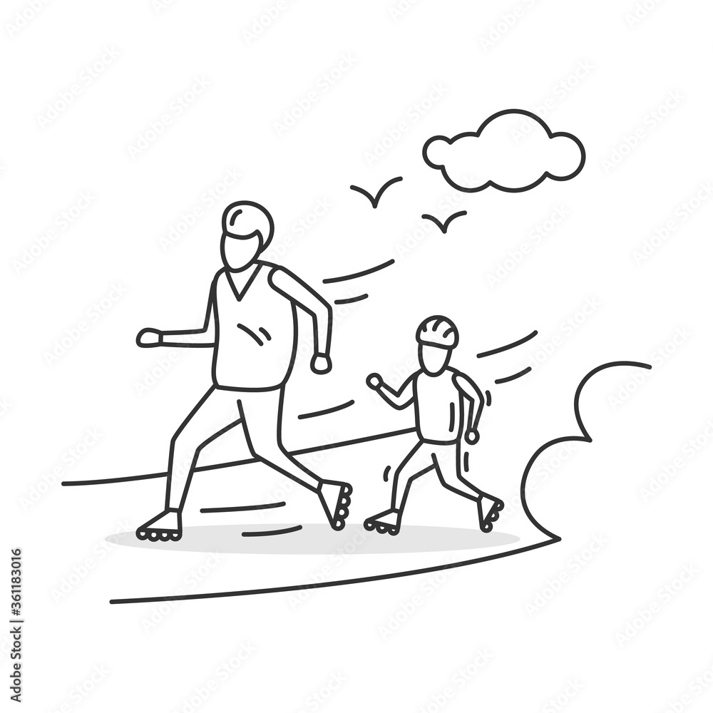 Roller skating icon. Parent and child using roller blades. Concept linear pictogram for family sport activity and summer vacation children entertainment. Editable stroke vector illustration