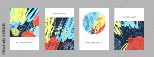 A set of exotic banners with tropical fruits and leaves for menus, cafes, spas, perfumes, beauty salons, flower shops. Vector designin