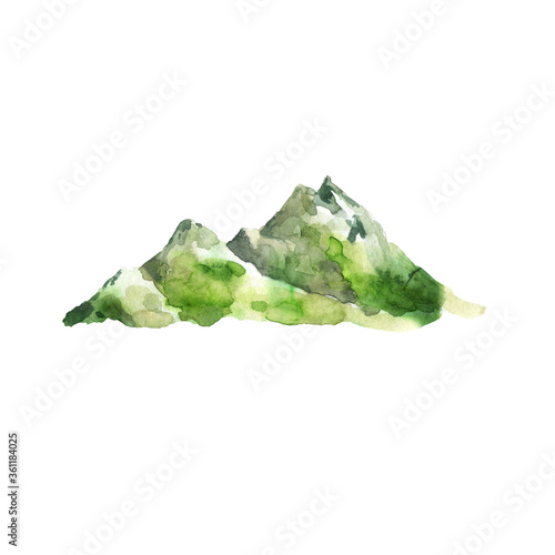 Watercolor illustration of mountains. Hand drawn illustration of landform with peak. Summer landscape isolated on white. Element of earth surface for natural scenery.