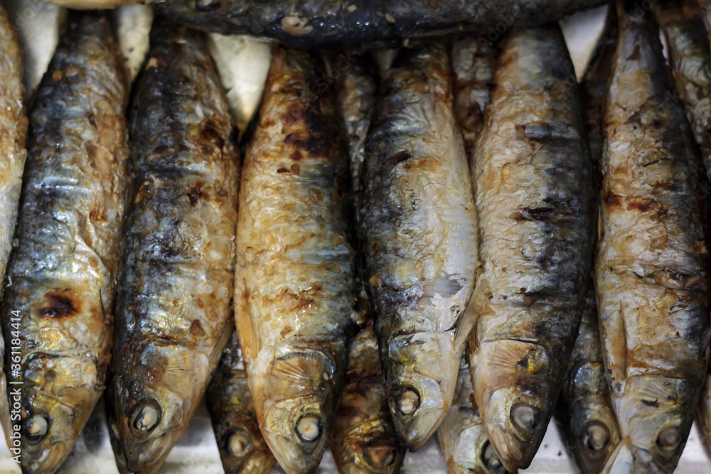 Top view of grilled sardines. Typical portuguese cuisine Top view of grilled sardines. Typical portuguese cuisine