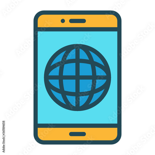 Global eBusiness Concept, Cellphone with WorldMap vector Color Icon design, Business and Finance Symbol on white background 