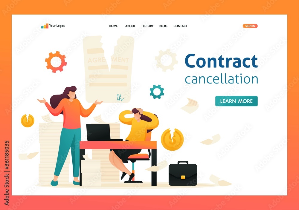 Termination of the contract, broke the agreement partners. Flat 2D character. Landing page concepts and web design