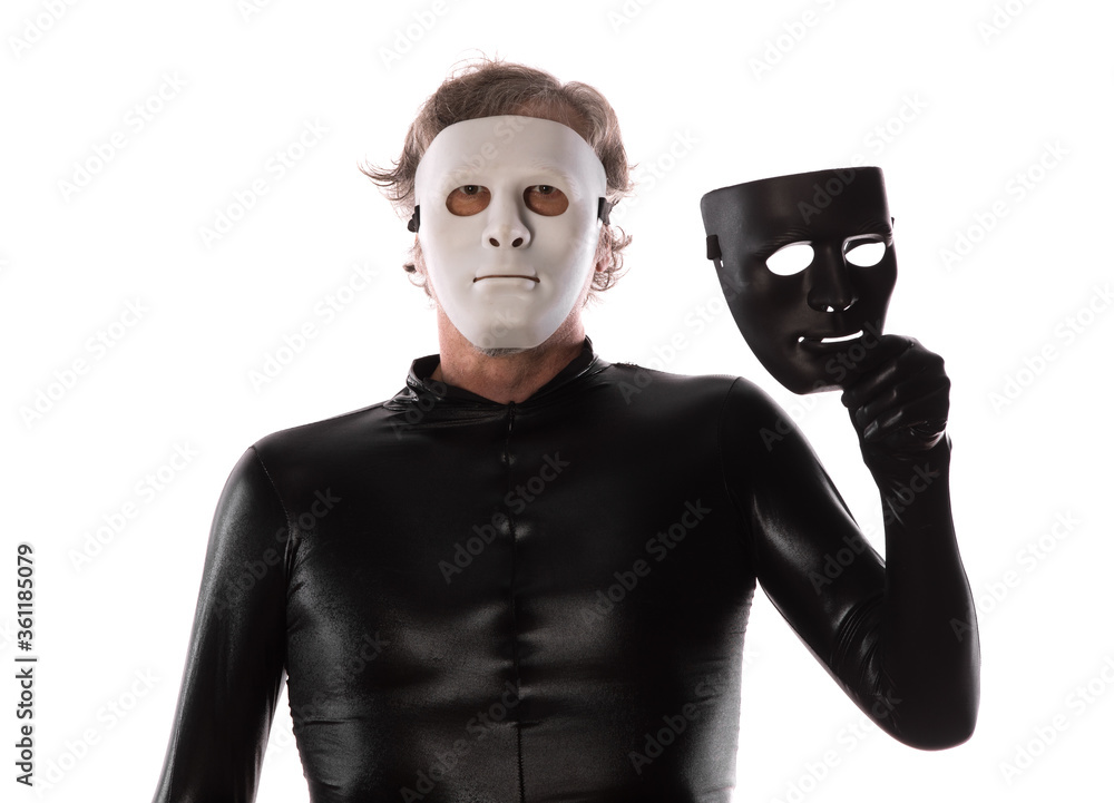 two-faced masked man isolated on white background two-faced masked man isolated on white background