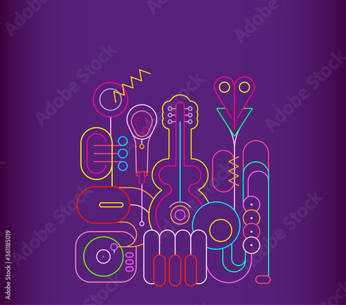Neon colors isolated on a dark violet background Music Instruments Design vector illustration. Line art silhouettes of guitar, saxophone, piano keyboard, trumpet, microphone and gramophone.