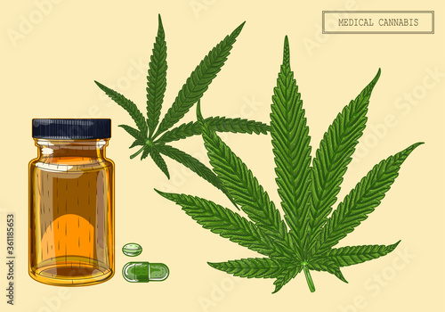 Medical cannabis marijuana two leaves and vial, hand drawn illustration in a retro style