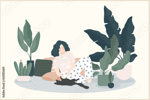 Cozy home theme handmade illustration.Simple room interior for use in design for home  decorative prints, flower shop decor, wallpaper, bag or t-shirt print, art workshop  etc.