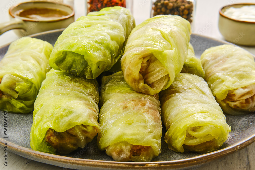 Rolled cabbage leaves stuffed with ground meat, rice and onion Rolled cabbage leaves stuffed with ground meat, rice and onion