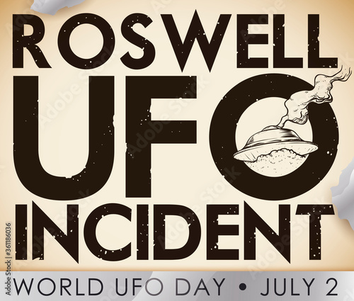 Scroll Commemorating the Crash of Roswell Incident in World UFO Day, Vector Illustration